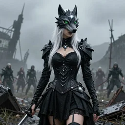 a realistic detail portrait of a pretty dragon huntress dress black clock and wolf mask, has white hair and green eyes in the battlefield,  abandoned, shining star, traveller, raining, mist, goth by Wolp, Sparth, Mark Brooks, Brad Kunkle, Vincent di fate, Paul-chadeisson, Dylan Cole, Jin Kim,Denis Villeneuve, Ben Nicholas, Anton Fadeev, thomas kinkade, rutkowski, Finnian MacManus, Syd Mead, Trending on artstation black scheme, 8k, Unreal Engine 5