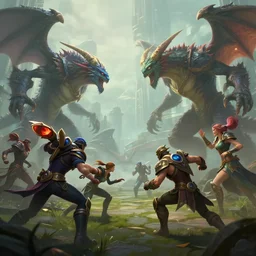 zoomed size of scene, hyperrealism fantasy creatures fight scene with characters from league of legends portrait, digital art, wallpaper of an fantasy fight, background of sci fi city in fog, diffused lighting, 8 k dop hdr
