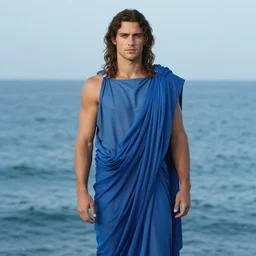 full body portrait of aaron taylor johnson as a greek god. dressed!!!! blue toga. ocean background. long hair, detailed face, concept art, intricate, highly detailed 8 k, smooth, sharp focus, handsome and aesthetic shape of face and body, artgerm, artstation, art by zexi guo and nira and junpei suzuki and gharliera