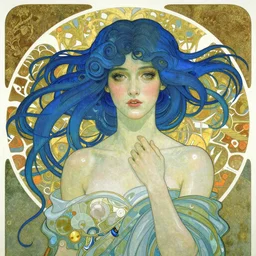 Alphonse Mucha style cyborg girl with blue hair