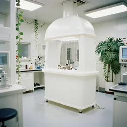 Film still of a brightly lit white science lab on a space ship, white plastic, neutral lighting, water dripping, puddles, wet floor, green vines, tropical, Cinestill colour cinematography, anamorphic