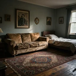 a bedroom, dim lighting, old torn couch, bed with dirty sheets wood floor, large square rug, stoner artifacts,