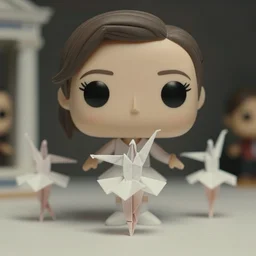 beautiful three point perspective film still of funko pop origami ballet in holly herndon, extreme closeup portrait in style of frontiers in miniature porcelain photography fashion architectural art studio edition, miniature origami figurine, eye contact, tilt shift style scene background, soft lighting, kodak portra 4 0 0, 8 k, macro, cinematic style by emmanuel lubezki