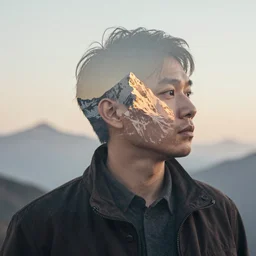 stylized double exposure mountain portrait, artstation