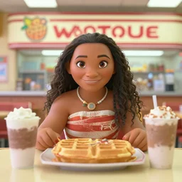Moana inside a Wafflehouse restaurant