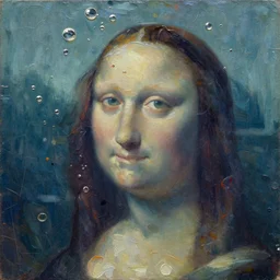 oil paint impasto relief, portrait of woman's face, deep under water, looking up, air bubbles, multi layered thick brush marks, some splattered paint, in the style frank auerbach and leonardo da vinci and vermeer