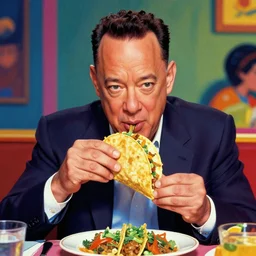 A psychedelic portrait of tom hanks having a taco dinner, vibrant color scheme, highly detailed, in the style of romanticism, cinematic, artstation, Moebius, Greg rutkowski