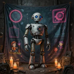 a beautiful painting of a tapestry of a dream, a robot standing, ultra detailed, dark, steampunk, moody, candles, neon signs, infographic, characters from machinarium, by don bluth, trending on artstation, octane render