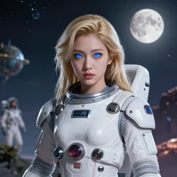 studio portrait of an absurdly beautiful japanese female goddess with blonde hair and glowing royal blue eyes in luxurious space suit in a scenic multiversal environment by james jean, amano yoshitaka, marc simonetti, jean giraud, martine johanna, josan gonzalez, peter mohrbacher, smooth, sharp focus, octane render, during a blood moon