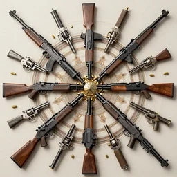 symmetrical mandala pattern of machine guns, shotguns, rifles, revolvers, bullets, ultra-realistic, intricate details, 4k