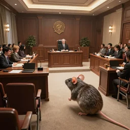 a mouse as a judge in the courtroom with crowd of people, dramatic shot, wide angle hypermaximalistic, high details, cinematic, 8k resolution, beautiful detailed, insanely intricate details, artstation trending, octane render, unreal engine