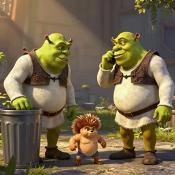 shrek meeting shrek while talking to shrek in the phone and another shrek watching them from a trash can and another shrek playing sumo with shrek the hedgehog, gta v style,