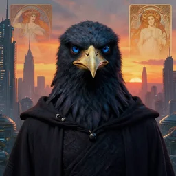 realistic detailed portrait movie shot of a birdman wearing a dark robes, sci fi city landscape background by denis villeneuve, amano, yves tanguy, alphonse mucha, ernst haeckel, max ernst, roger dean, masterpiece, rich moody colours, dog teeth, blue eyes, sunset