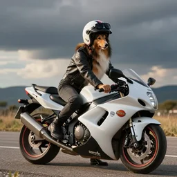 a sheltie with a leather jacket and a helmet and sun glasses on top of a suzuki hayabusa