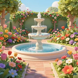 Beautiful Flower garden with a fountain ” Beautiful Dreamscape, Digital art, concept art, detailed, lovely colors, Art station,3-D 4K, beautiful background, matte painting, ,