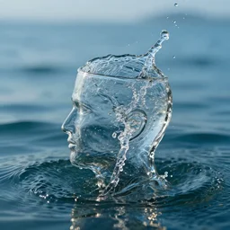 spilling water from a glass in a human head shape, on the ocean water, ray tracing, realistic water sharp focus, long shot, 8 k resolution, cinematic, amazing water art