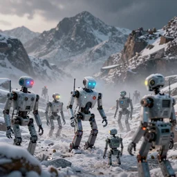 all robots are half human, small colorful spotlights in the mamchines, a lot of snow realistic macro photograph of dystopian climate field robots working in Colorado mountains as the earth decays behind them, 8k, unreal 5 engine render, misty, dark, dry, Orwellian, vibrant colors, 25mm film grain Artwork by Simon Stålenhag
