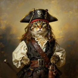 a cat dressed as a pirate posing for a portrait, centred, painted by rembrandt intricate ultra detailed painting atmospheric lighting golden hour