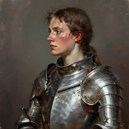 action portrait of joan of arc in armor, in profile, loose brush strokes, sweaty and bloody face, by wlop, by greg rutkowski, by christophe young, by raymond swanland
