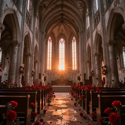 a interior photo of a ruined church with a lot of red flowers growing inside at sunset, godrays, complementary colours, very spacious open view in unreal engine rendering, CGSociety, concept art, DeviantArt, Ferdinand Knab, beautiful, 8K,highly detailed, high quality