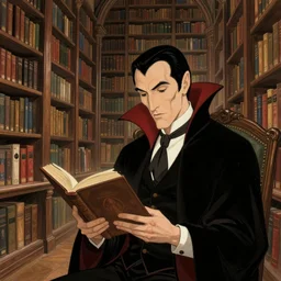 nosferatu dracula reading a book in a giant library, art by shaun tan