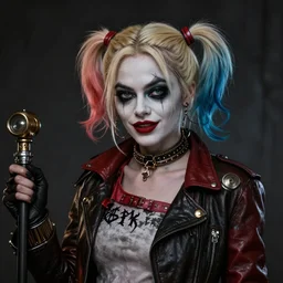 goth gothic steampunk portrait of emma stone as harley quinn, hyper detailed, digital art, cinematic lighting, studio quality, smooth render, unreal engine 5, octane rendered, art style by klimt and nixeu and ian sprigger and krenz cushart.