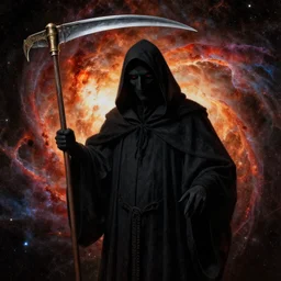 portrait of a veiled grim reaper holding a scythe in an exploding nebula, by Jan van Eyck