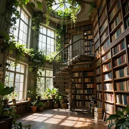 intimate detailed hall full of windows streaming sunlight, spiralling staircase and shelves full of books, over grown vegetation falls from the ceiling, strong shadows, full colour, hyper realistic photo, unreal engine, upscale, 8 k, masterpiece,