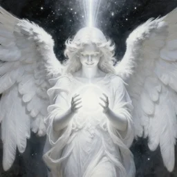 highdetailed hyperrealistic painting of white angel!!! no gender smiling noface!!!, giant ball of miracle light from the chest and line coming from the head into space!!!!!, white sparkles everywhere, 4 k hd fur face!!!, big wings, by jan van eyck, holography space, glow effect, large strokes, white monochrome color!!!!!
