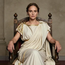 natalie portman as a roman emperor wearing a toga, sitting on a throne, portrait photography by annie leibovitz