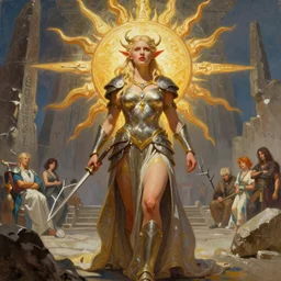 A mixed media painting of the beautiful blonde elf goddess of the sun, very aesthetic, curvy, detailed face, elven armor, by Frank Frazetta, Greg Rutkowski, Boris Vallejo, Beeple, Yoko Taro, Christian MacNevin, epic fantasy character art, goddess of anger, viking runes, high fantasy, CGsociety, full length, exquisite detail, post-processing, masterpiece, cinematic, odin's stone arena background
