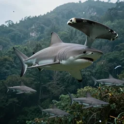 looking down a mountain at a forest of hammerhead sharks, sharp focus, octane render