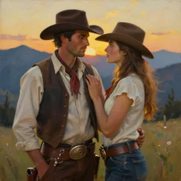 a beautiful painting of two cowboys!, mountain scene, golden hour, by mark maggiori, homoerotic, romantic, intense, dramatic