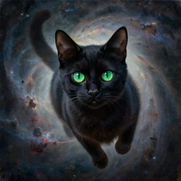 spectacular oil painting of a black cat with bright green eyes floating through a nebula