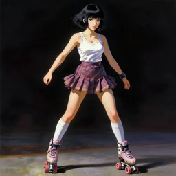 cyberpunk girl rollerblading, pleated miniskirt, overknee socks, by hajime sorayama, wayne barlowe, boris vallejo