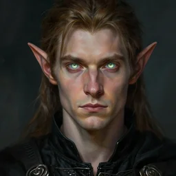 Portrait of an elf in a black tunic with glowing eyes, male, detailed face, fantasy, highly detailed, cinematic lighting, digital art painting by greg rutkowski
