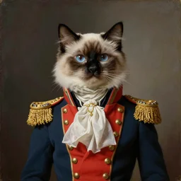 high - quality neoclassical portrait of a ragdoll cat dressed as napoleon bonaparte, very detailed, 1 8 6 0, oil on canvas.
