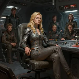 concept art by greg rutkowski, a very tall, and slender woman with blonde hair, sitting with the crew in the ship's flight deck, brutalist futuristic interior, dark lighting atmosphere, detailed portraits, nostalgic atmosphere, scifi, digital painting, artstation, concept art, smooth, sharp foccus ilustration, artstation hq