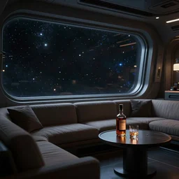 8 k photography of spacious quarters on a futuristic starship, large side window view of stars in space, low lights, couch facing window with bottle of liquor on table beside it next to empty whisky glass, muted colors, somber, trending on artstation