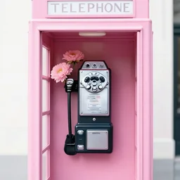 ultra realistic drawing of inside a soft pink telephone booth, soft pink pay phone with pink flowers blooming, closeup, shot on iphone 1 3 pro, digital photography, by annie leibovitz - lh 7 6 8