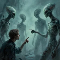 abstract entities pointing at a man, creepy, eerie superintelligent aliens