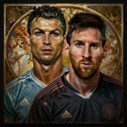 stunning, breathtaking, awe-inspiring award-winning conceptual Art Nouveau painting with Cristiano Ronaldo and Messi with disturbing, piercing eyes, Alphonse Mucha, Michael Whelan, William Adolphe Bouguereau, John Williams Waterhouse and Donato Giancola, cyberpunk, extremely gloomy lighting, shining light and shadow, atmospheric, cinematic, Unreal Engine, 8K