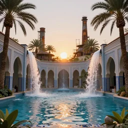 beautiful pool waterfalls surrounded by palm trees, moroccan tile archways, industrial buildings, rusty metal towers, sun setting, ross tran, fantasy, james jean, peter morbacher, angelarium, alchemy, luxury, heavenly light, soft illumination, trending on artstation, cinematic lighting, digital painting, octane render, artgerm