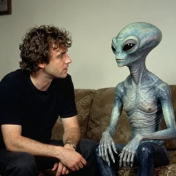 old film photography of jaime maussan and a real alien having a conversation