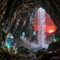 a beautiful and stunning digital render of a humongous opal cave, dimly glowing crystals, vines, haze, waterfall, volumetric lighting, photorealistic, red sky, sunset, unreal engine 5, ultra detail, trending on artstation