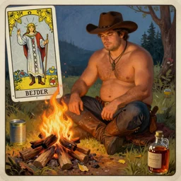 an ethereal tarot painting of a handsome shirtless cowboy with a stocky build and beer belly sitting at a serene campfire | tin cans and jugs of whisky | tarot card, art deco, art nouveau | by Mark Maggiori | trending on artstation