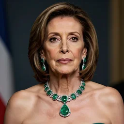 photograph of nancy pelosi with smooth fair skin, green jewelry, breathtaking, elegant, ornate, intricate, hyper detailed, accent lighting, dramatic light, 4 k octane render