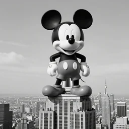 gigant mickey mouse on top of the empire state building in new york city, 1 9 5 0 s movie, dramatic, detaild, black and white, old movie scene, mickey, empire state