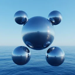 smooth reflective chrome spheres floating above a peaceful calm blue ocean landscape, ambient, retro, abstract, surrealism, ray tracing, volumetric light, digital art