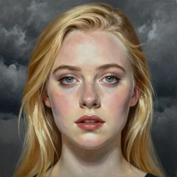 professional painting of Elle Fanning in the style of Daniel Garber, head and shoulders portrait, symmetrical facial features, smooth, sharp focus, illustration, intricate, stormy weather, extremely detailed masterpiece,